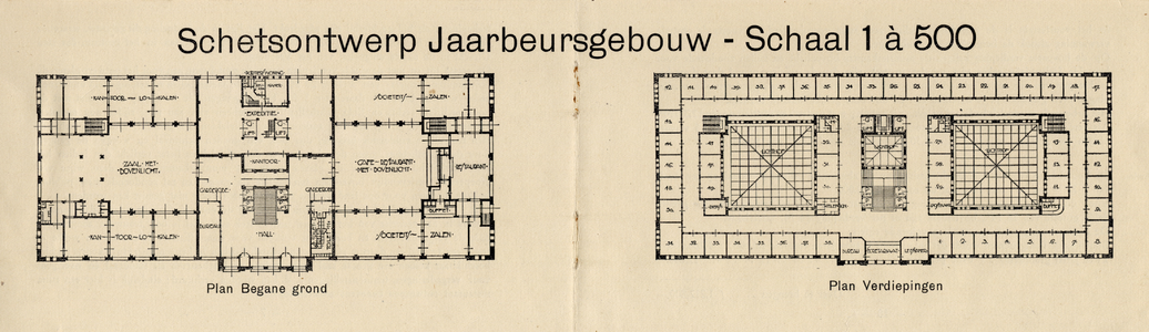39985 Plattegrond van de begane grond (links) en de verdiepingen (rechts) van het ontworpen eerste vaste ...